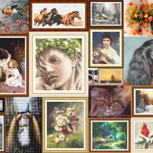 K&ouml;nnte beinhalten: Eine Collage aus gerahmten Kunstwerken mit verschiedenen Motiven, darunter Tiere, Landschaften und Portr&auml;ts. Die Kunstwerke sind in einem Raster auf einer Wand angeordnet.
