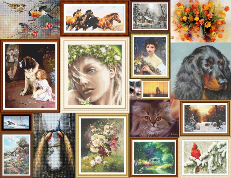 K&ouml;nnte beinhalten: Eine Collage aus gerahmten Kunstwerken mit verschiedenen Motiven, darunter Tiere, Landschaften und Portr&auml;ts. Die Kunstwerke sind in einem Raster auf einer Wand angeordnet.
