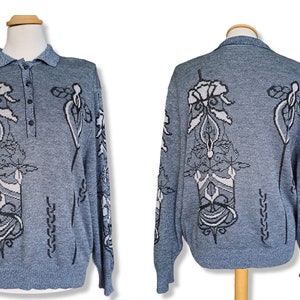 Vintage grey pullover Knit polo sweater Abstract patterned sweater
