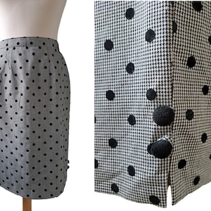 Vintage 80s mini skirt Polka dot pensil skirt Houndstooth wool blended skirt black and white