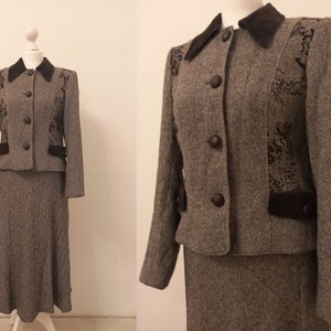 Vintage 70s tailored suit Wool blend skirt suit Brown cropped jacket