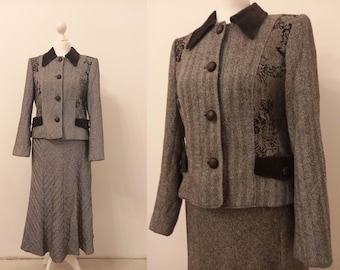Vintage 70s tailored suit Wool blend skirt suit Brown cropped jacket