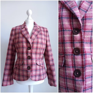Vintage 90s plaid blazer Tweed blazer women Tartan wool jacket