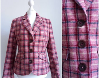 Vintage 90s plaid blazer Tweed blazer women Tartan wool jacket