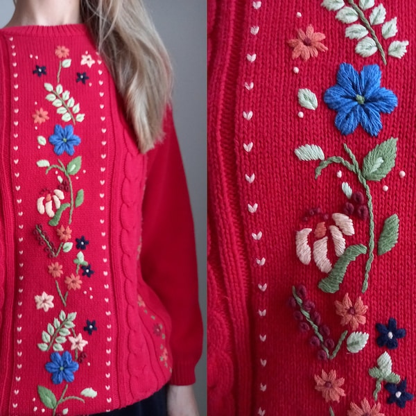Suéter bordado floral vintage embellecido