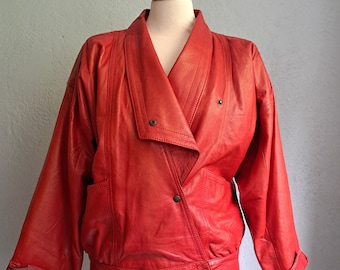Vintage 90s Red Leather Blazer: Oversized Three-Quarter Sleeve Jacket