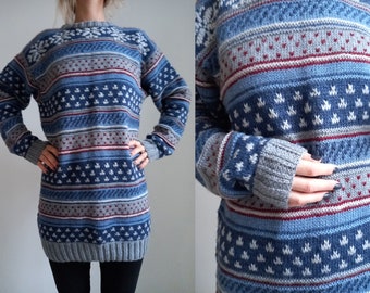 Vintage grandpa sweater Blue wool blended sweater Knit chunky sweater