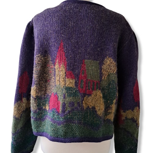 Vintage purple wool cardigan women Cottagecore mushroom shops sweater Austrian trachten cardigan Embroidered cardigan Geiger