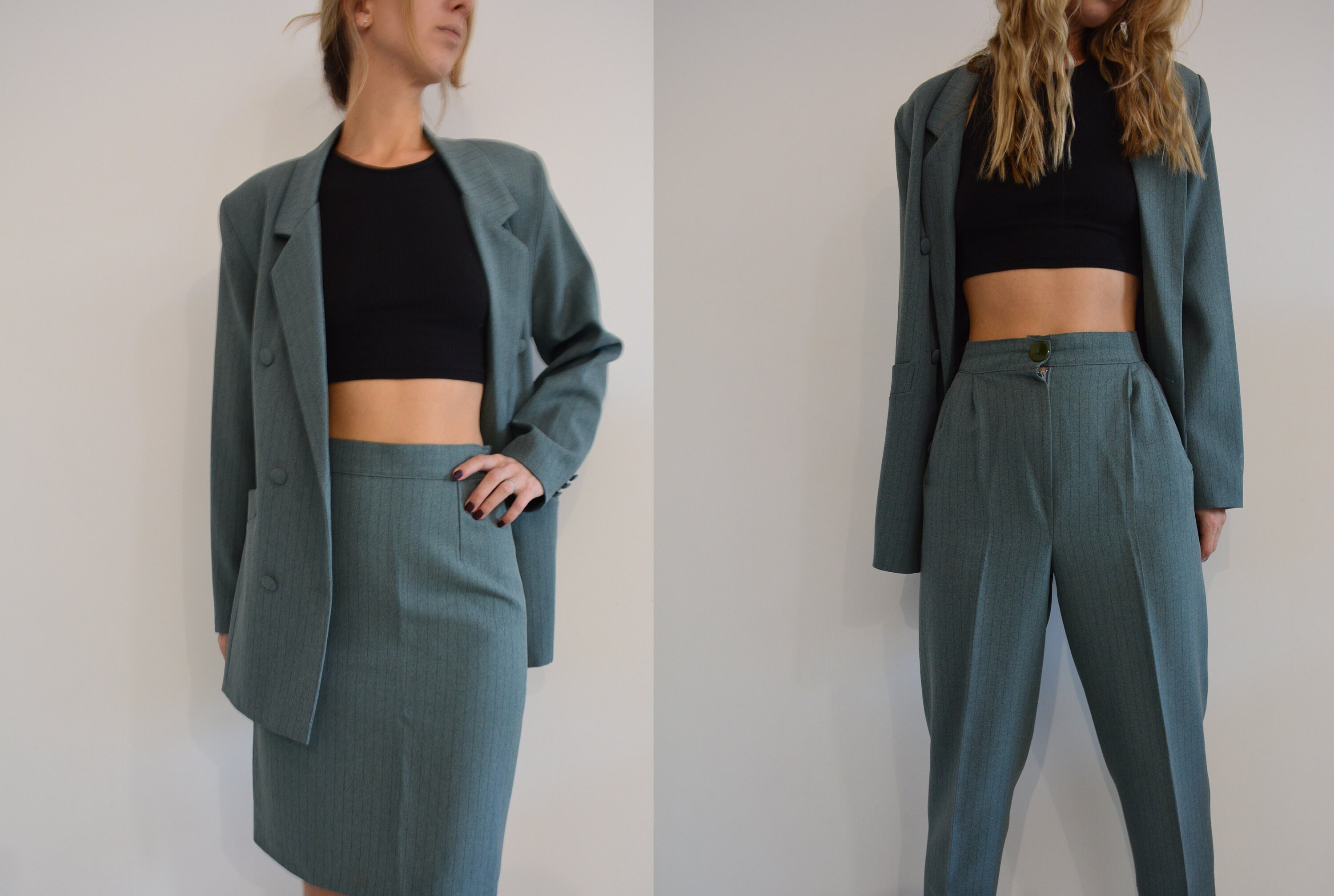 90s Style Blazer Skirt Trousers Set 