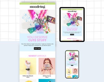 Mailchimp用カラフルなメールテンプレート | 編集可能なニュースレターテンプレート | Canva、Photoshop不要 | Moodring