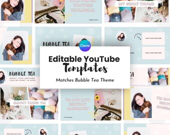 Pastel Youtube Templates for Canva (Banner, Thumbnail, Intro, Outro), Bubble Tea