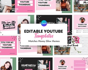 Vrouwelijke YouTube-sjablonen voor canva (banner, miniatuur, intro, einde), Honey Glow