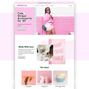 Pink Shopify Theme PomPom is a bright, vibrant Shopify theme with a feminine, aesthetic design. Perfect for all types of business, this multipurpose theme is sure to wow customers. This is a screenshot of the bright, unique homepage.