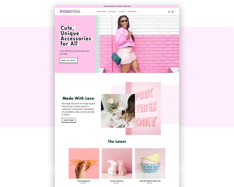 Pink Shopify Theme PomPom is a bright, vibrant Shopify theme with a feminine, aesthetic design. Perfect for all types of business, this multipurpose theme is sure to wow customers. This is a screenshot of the bright, unique homepage.