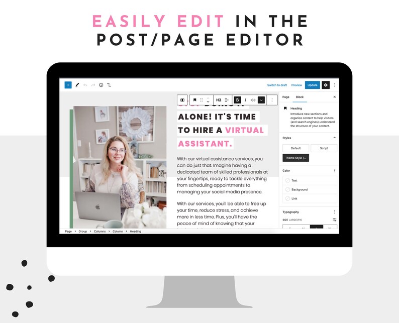 A screenshot of the Gutenberg block editor. Easily edit the pink course templates on Wordpress via its easy block editor.