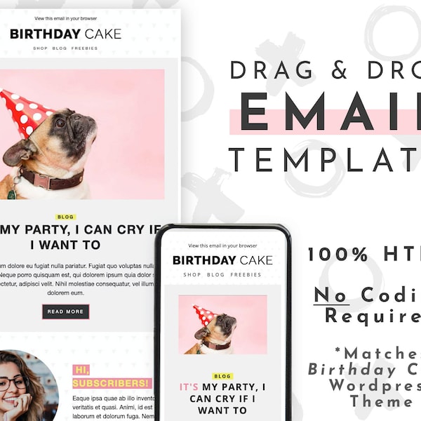 Fun Email Template for Mailchimp  | Editable Newsletter Template | Canva, Photoshop Not Required | Matching Birthday Cake Template