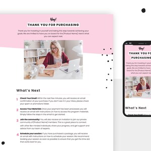 A screenshot of the pink thank you page on both desktop and mobile.