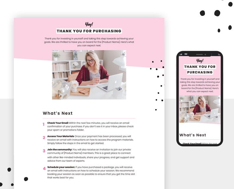 A screenshot of the pink thank you page on both desktop and mobile.