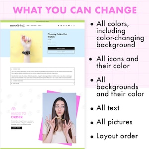 Moodring Shopify theme product page. You can change all colors, the background, all icons, all text, all pictures, and the layout order.