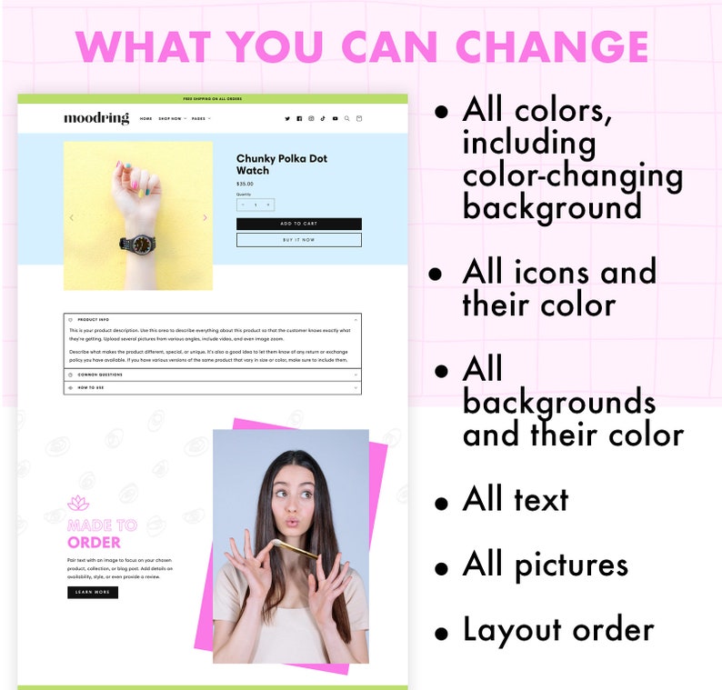Moodring Shopify theme product page. You can change all colors, the background, all icons, all text, all pictures, and the layout order.