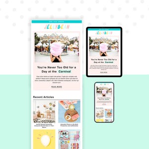 Cute email template for Mailchimp. Matches Jelly Bean Wordpress theme. An image of the template on desktop, mobile, and tablet.