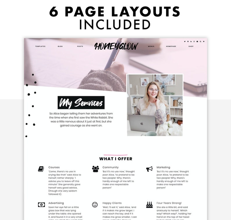Honeyglow, pink Wordpress theme for bloggers, screenshot of the services page template for coaches