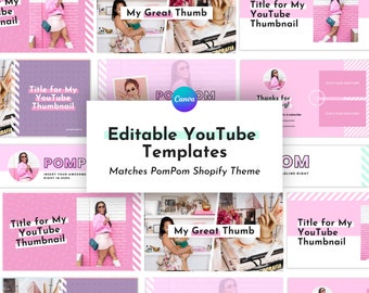 Pink Youtube Templates for Canva (Banner, Thumbnail, Intro, Outro), PomPom