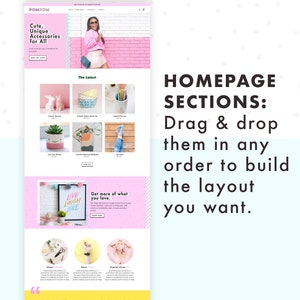PomPom, pink Shopify theme, full homepage screenshot that shows more sections. Drag and drop homepage sections in any order to build the layout you want.