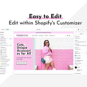 Screenshot of PomPom, pink Shopify theme, customizer options, showing how easy it is to edit. Do your editing entirely within Shopify.