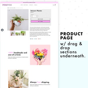 Screenshot of PomPom, pink Shopify theme, product page template with drag-and-drop sections underneath.