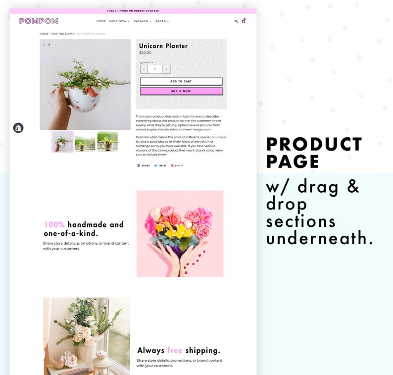 Screenshot of PomPom, pink Shopify theme, product page template with drag-and-drop sections underneath.