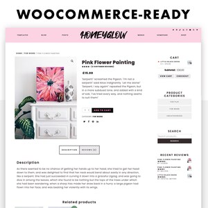 Screenshot of Honeyglow, pink Wordpress theme for bloggers, shop page powered by WooCommerce.
