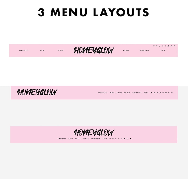 Screenshot of Honeyglow, pink Wordpress theme for bloggers, different menu layouts.