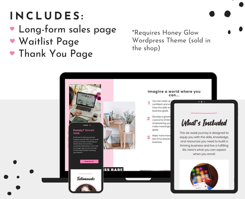 Pink course sales templates for Wordpress. These templates come with a long-form sales page, a waitlist page, and a thank you page.