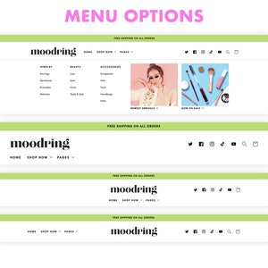 Screenshot of Moodring Shopify theme menu layout options. Choose between four, including a mega menu.
