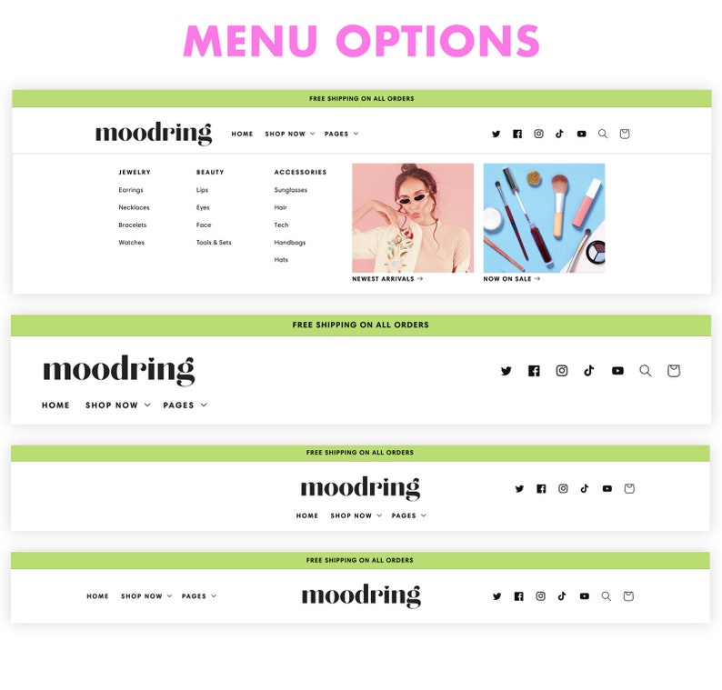 Screenshot of Moodring Shopify theme menu layout options. Choose between four, including a mega menu.