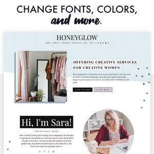Honeyglow, pink Wordpress theme for bloggers, screenshot of demo homepage with different colors and fonts.