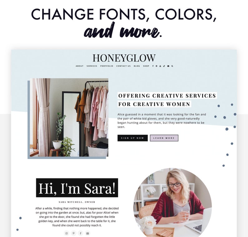 Honeyglow, pink Wordpress theme for bloggers, screenshot of demo homepage with different colors and fonts.