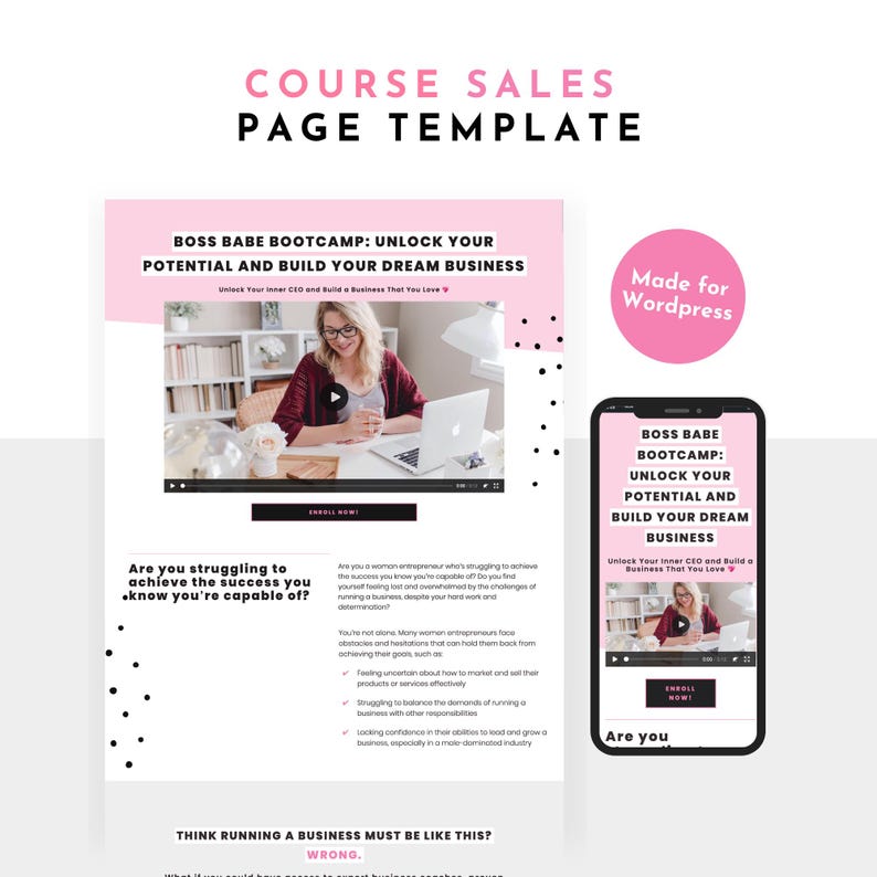 This pink course sales templates for Wordpress comes with Long-Form sales page, Waitlist page, and thank you page templates. Made with Gutenberg, you can easily edit them to create a seamless customer experience right on Wordpress!