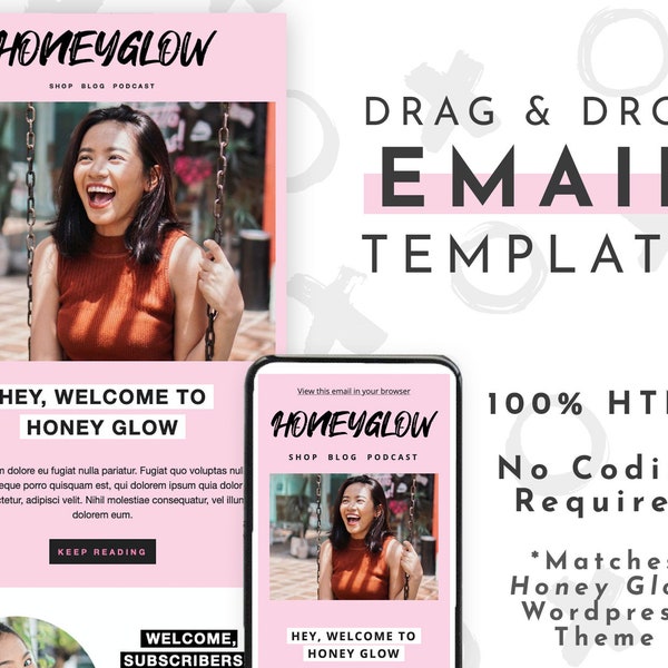 Girly Email Template for Mailchimp  | Editable Newsletter Template | Canva, Photoshop Not Required | Matching Honeyglow Template