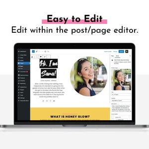 Screenshot of Honeyglow, pink Wordpress theme for bloggers, page editor using Gutenberg.