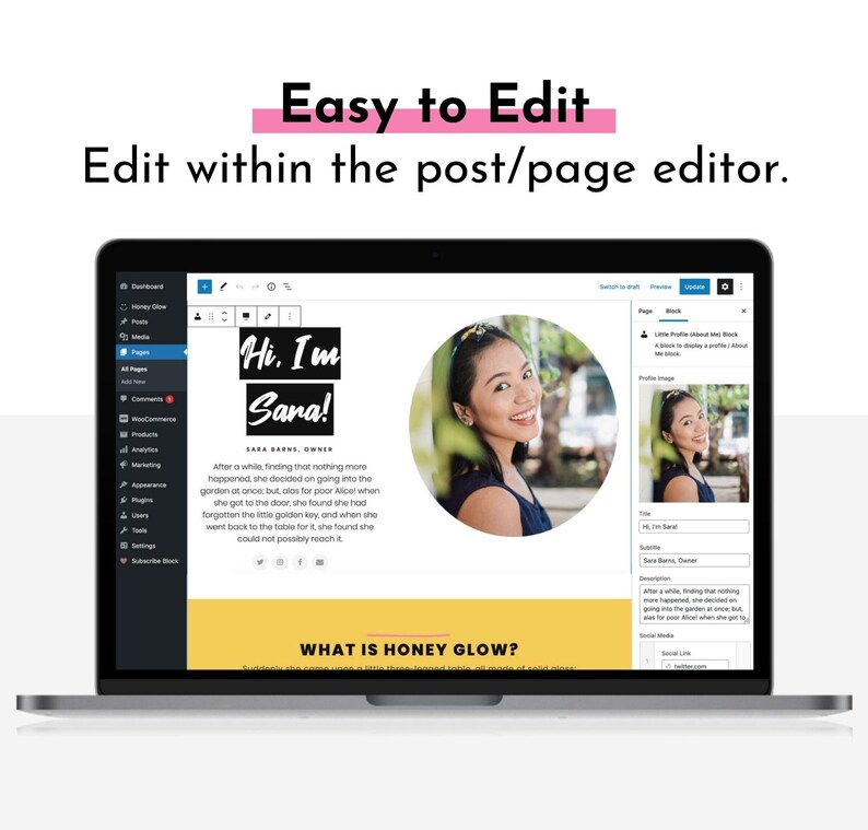 Screenshot of Honeyglow, pink Wordpress theme for bloggers, page editor using Gutenberg.
