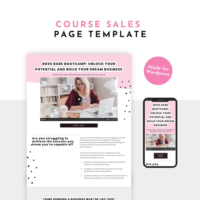 This pink course sales templates for Wordpress comes with Long-Form sales page, Waitlist page, and thank you page templates. Made with Gutenberg, you can easily edit them to create a seamless customer experience right on Wordpress!