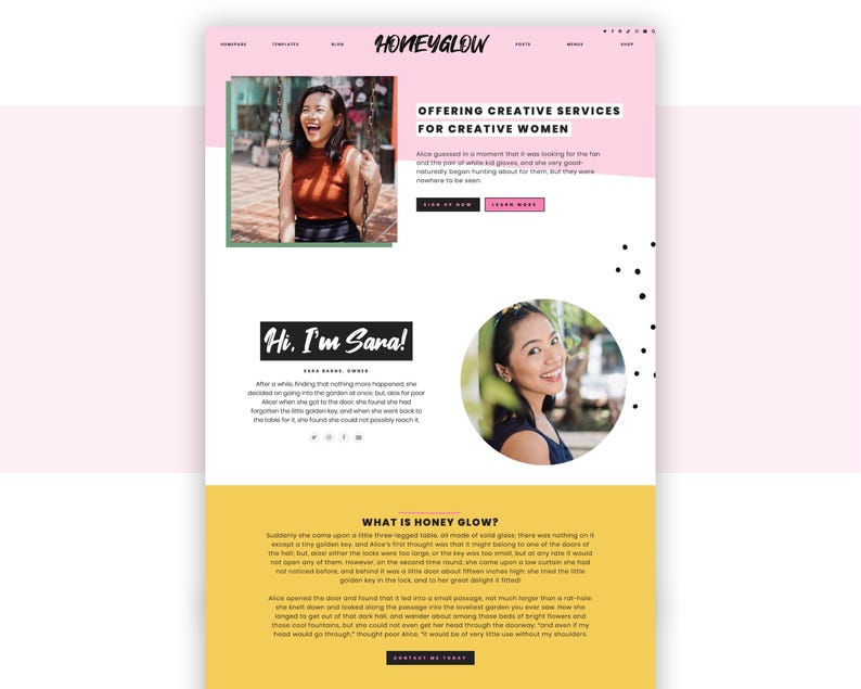 Honey Glow, pink Wordpress theme for bloggers, is perfect for bloggers, coaches, and ecommerce. A screenshot of the homepage and its unique feminine design.