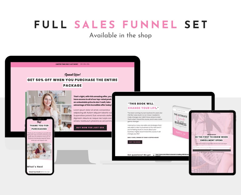 The full pink sales funnel set is available in Little Theme Shop's Etsy store. Buy it today for more sales templates.