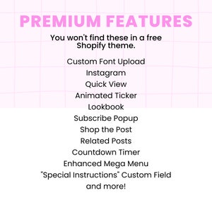 Moodring Shopify theme has premium features. These features include custom font upload, quick view, a scrolling ticker, Lookbook section, subscribe popup, Shop the Post, Related Posts, countdown timer, mega menu, custom fields, and more!