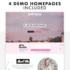 Honeyglow, pink Wordpress theme for bloggers, screenshot of alternative demo homepage with hero image.