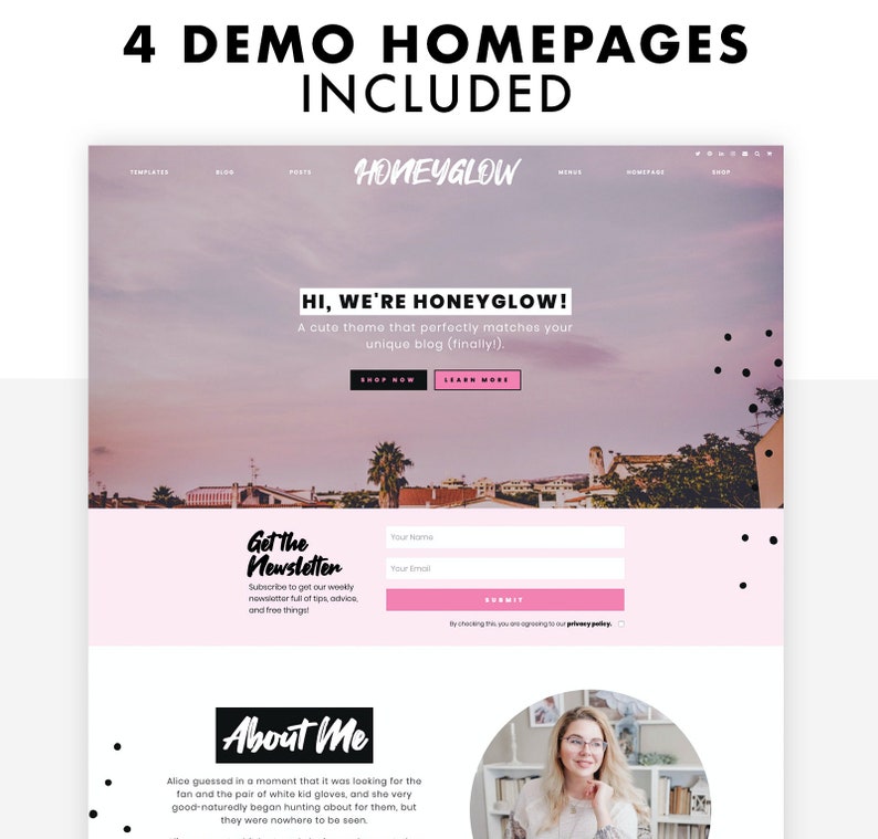 Honeyglow, pink Wordpress theme for bloggers, screenshot of alternative demo homepage with hero image.