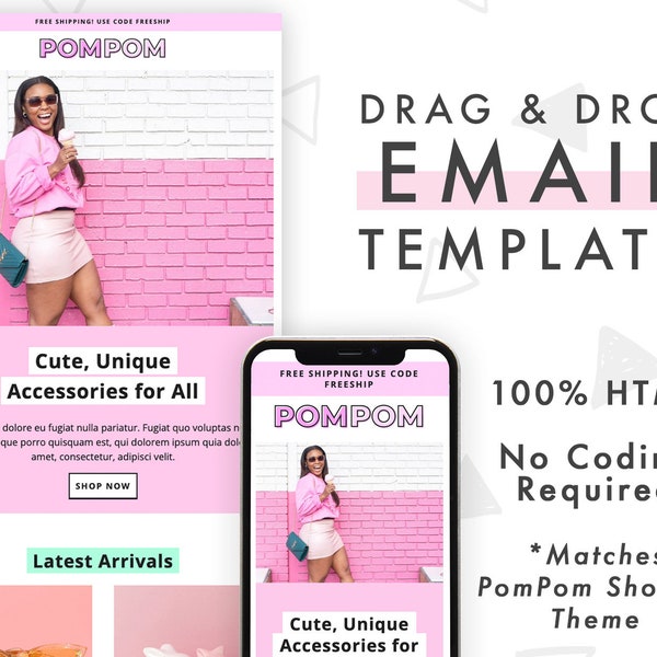 Pink Email Template for Mailchimp  | Editable Newsletter Template | Canva, Photoshop Not Required | Matching PomPom Template