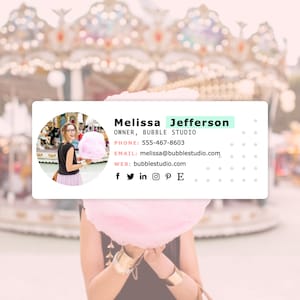 May include: A white business card with a pink and white polka dot background. The card features a photo of a woman holding a pink cotton candy, and text that reads "Melissa Jefferson, Owner, Bubble Studio, Phone: 555-467-8603, Email: melissa@bubblestudio.com, Web: bubblestudio.com, f in P E".